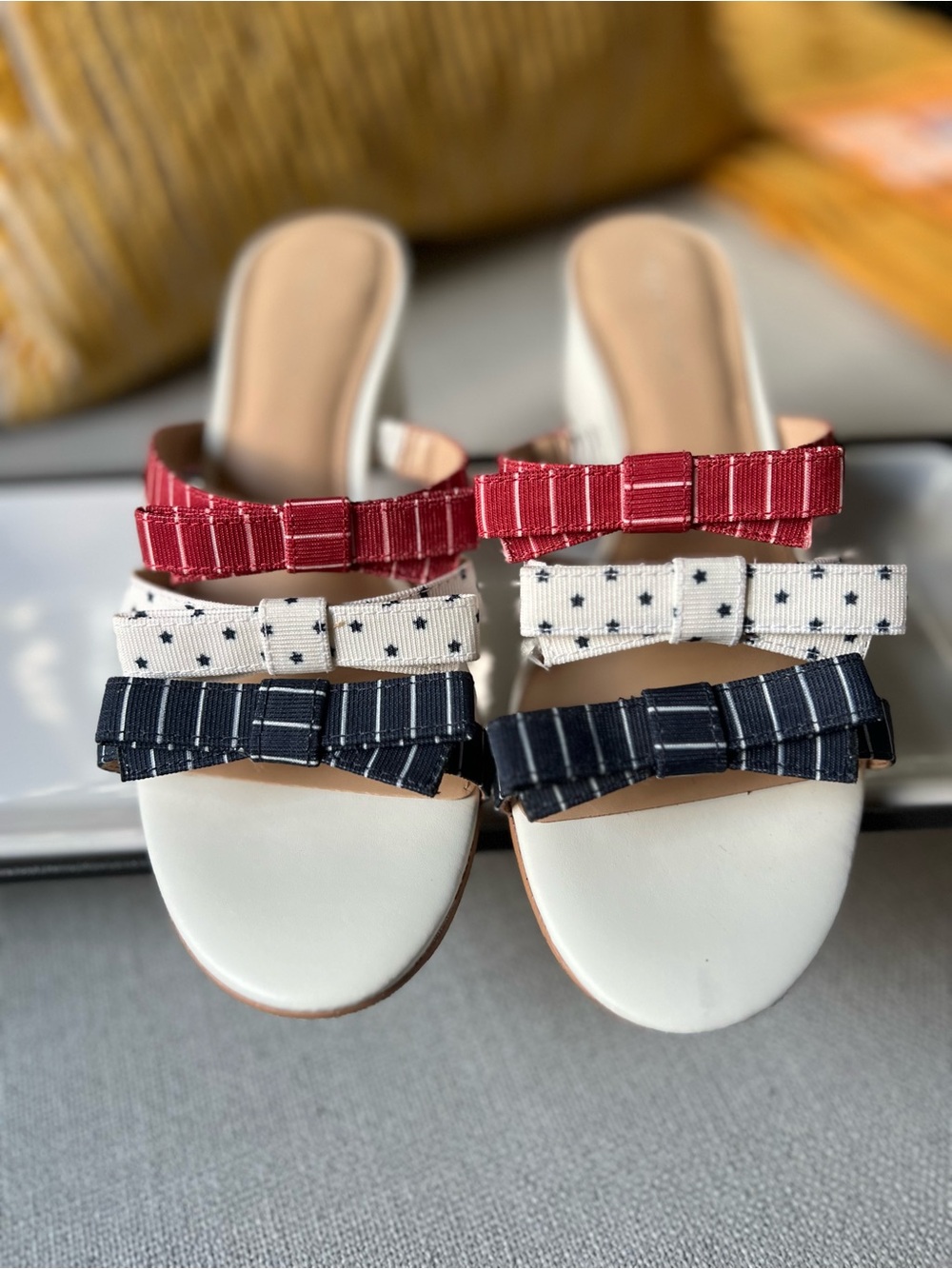 Copper Key White Slide Mules with Red, Navy & White Bow Straps